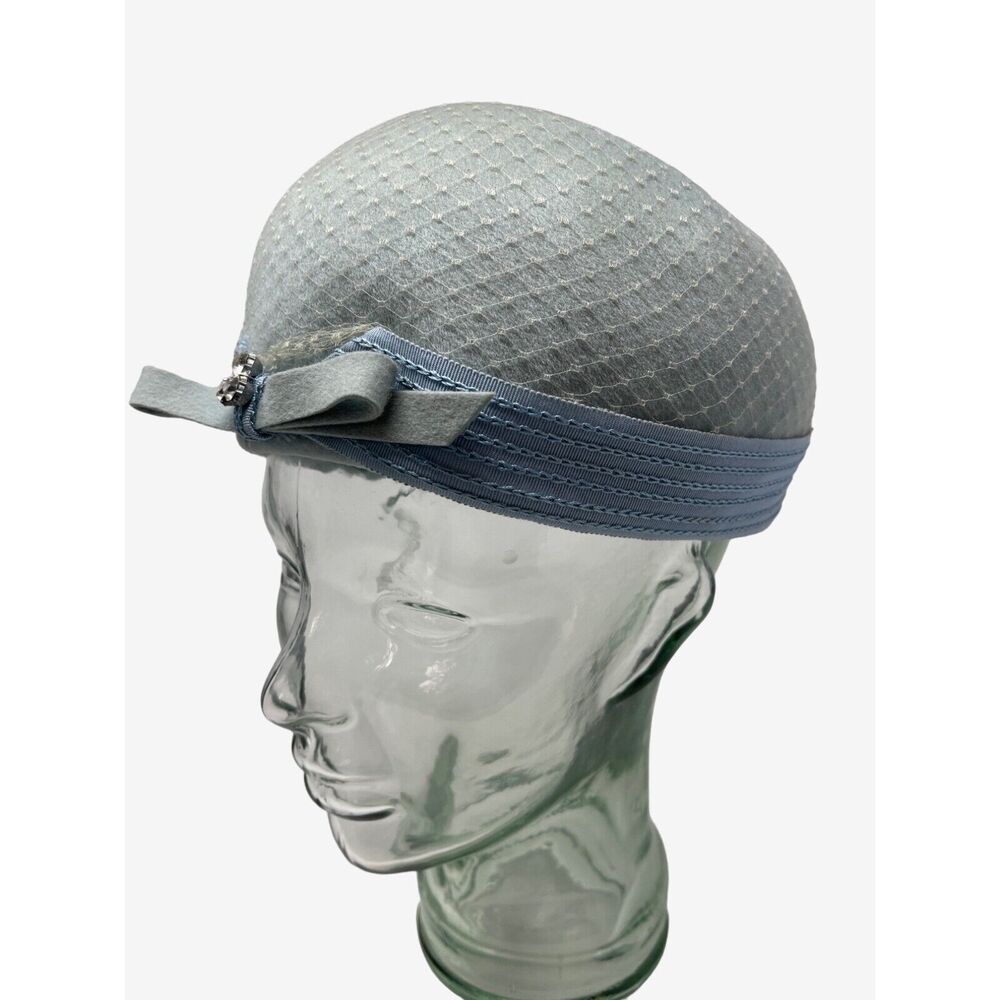 Ritz Henry Pollack Hat‎ Dusty Blue Jewel Bow Band Baby Blue Net Cover Circa 60s